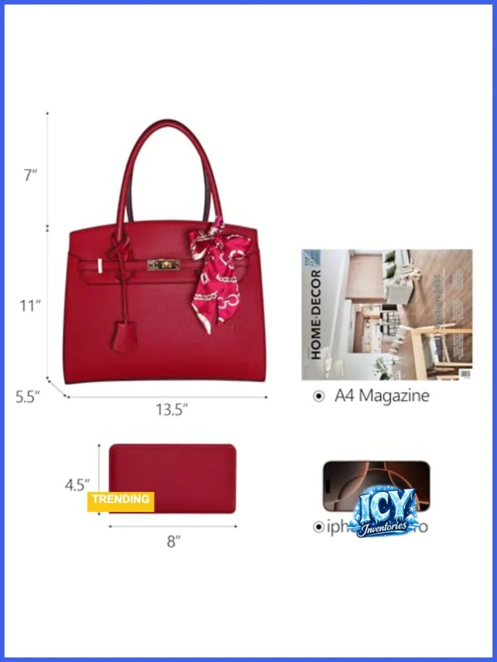 Vegan Leather Satchel Bag with Wallet, Adjustable Strap Work Tote